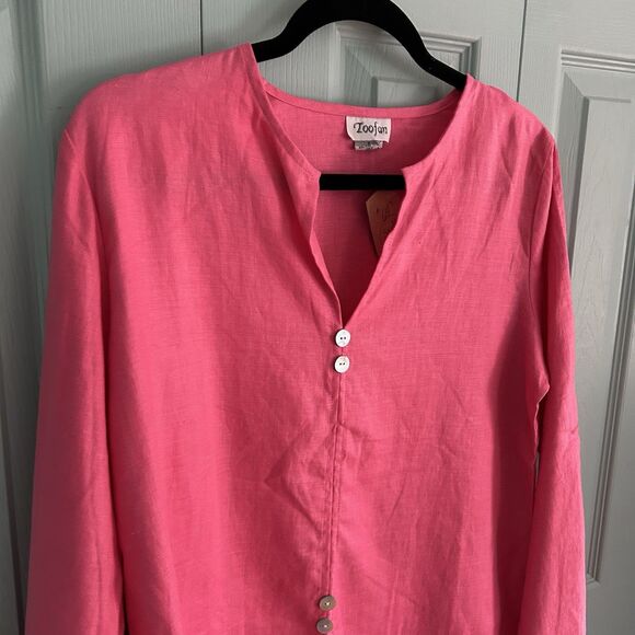 Toofan Womens Linen Pink V-Neck Tunic Blouse Small Relaxed Lagenlook Coastal - Picture 2 of 11